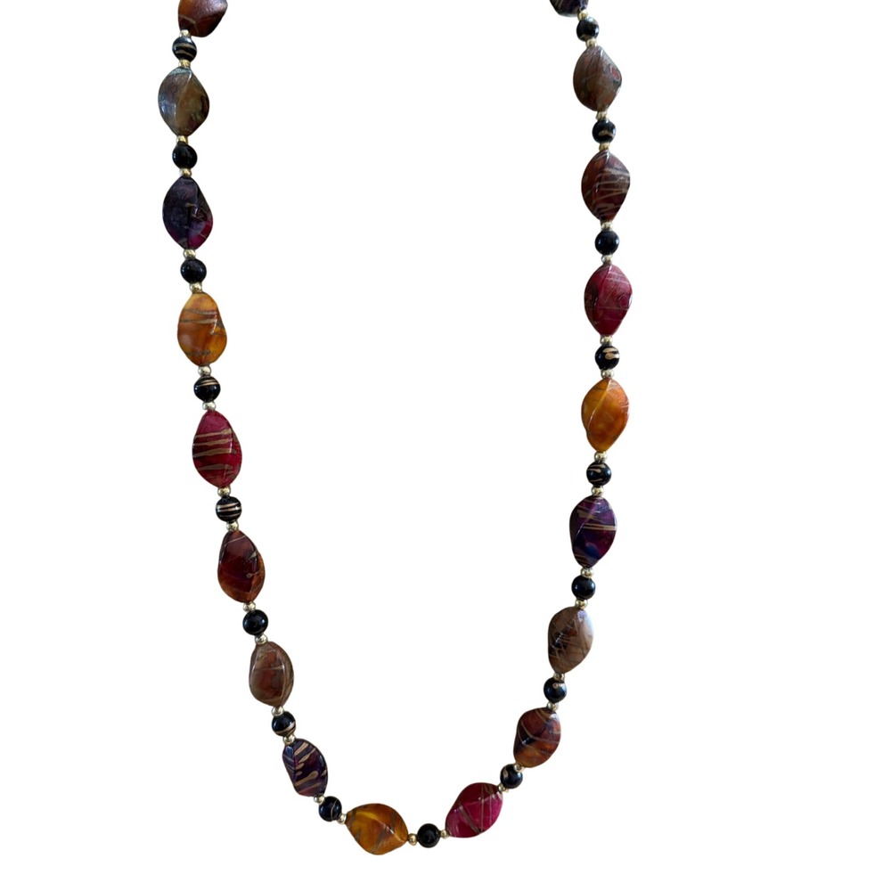 Vintage Style Marbled Resin Beaded Necklace Earth Tones Burgundy Long Layering